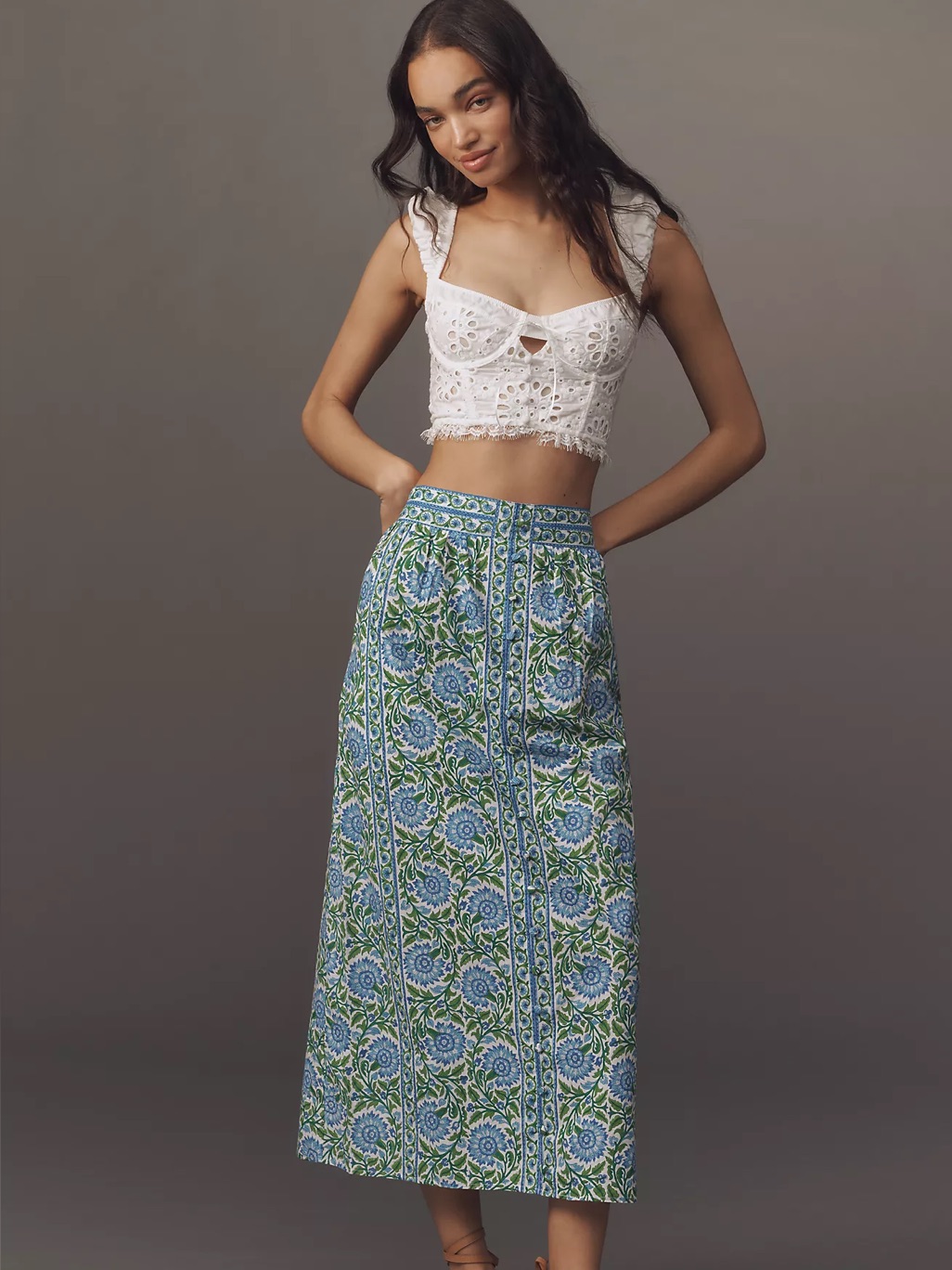 Pink City Prints (Anthropologie) Midi Skirt, Floral Motif, 100% Premium Cotton